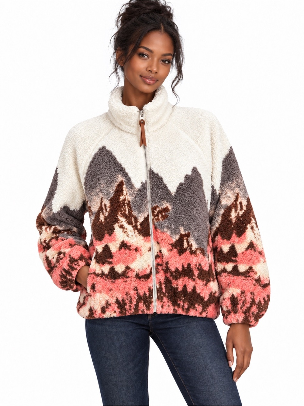 Cozy Sherpa Zip-Up Jacket in Cream, Pink & Brown